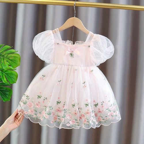 Baby Girls Embroidered Flowers Summer Dress Elegant Girl Kids Children Princess Birthday Dresses Clothes