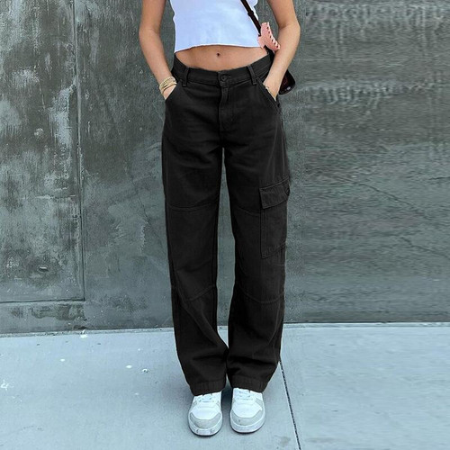 Green Vintage Baggy Jeans Women Pockets Wide Leg Cargo Pants Streetwear Casual Low Waist Denim Straight Trousers