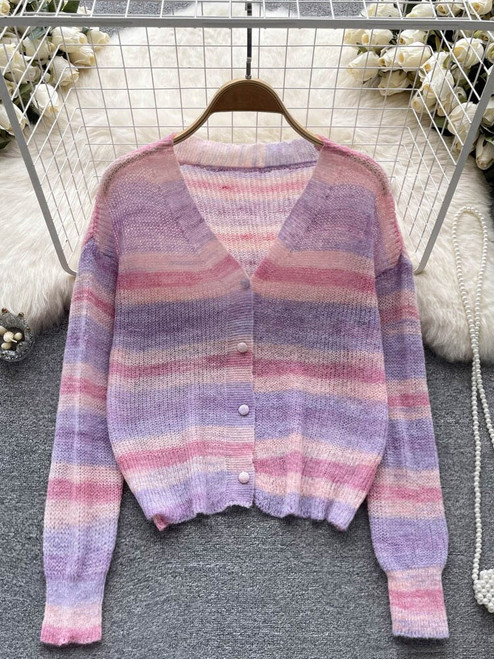 Women Autumn Winter Cardigan French Style Contrasting Striped V-neck Knitted Cardigan Coat Loose Long-sleeved Top Trendy