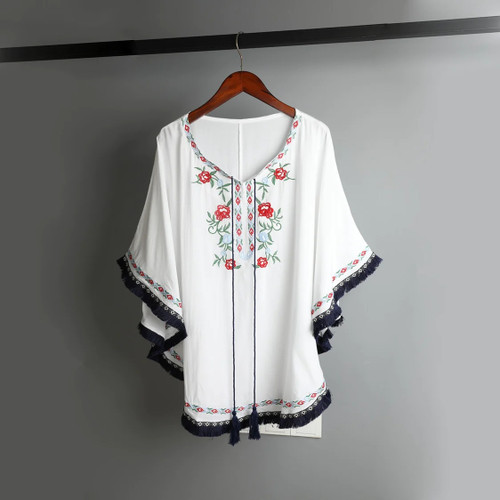 Women Blouse Shirts Spring Summer Embroidery Casual Tops Blouses Ethnic Female Batwing O-neck Tassel Boho Blusa Loose