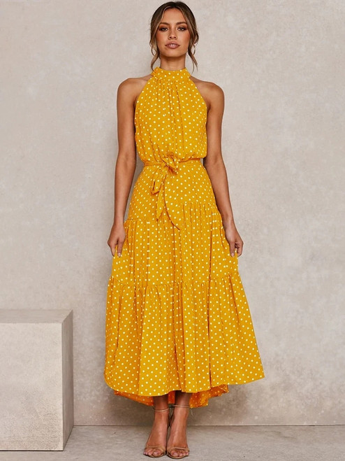 Summer Long Dress Polka Dot Casual Dresses Black Sexy Halter Strapless Yellow Sundress Vacation Clothes For Women