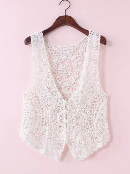 Women Sleeveless Hollow Out Tank Top Solid Color Short Knitted Waistcoat Crochet Cardigan Sweater Vest Women