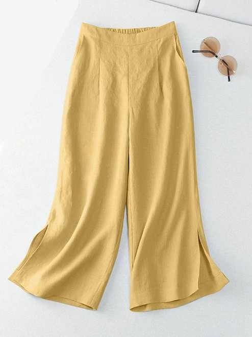 Wide Leg Pant Solid Color Pure Cotton Ankle Length Pantalon Women Casual Loose Trouser Elastic Elegant Pants
