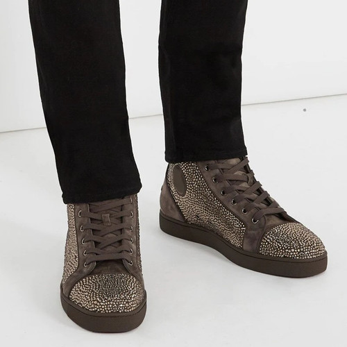 Men Brown Suede Rhinestone Sneaker High Top Crystal Flat Lace-up Ankle Boots Casual Shoes for Men