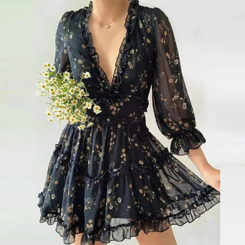 Spring Elegant Floral Ruched Mini Dress Women Sweet Pleated Ruffle A-Line Dress Fashion High Waist Puff Sleeve Party Dress