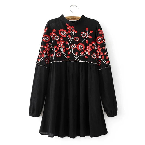 Vintage Floral Embroidery Dress Stand Collar Long Sleeve Women Mini Pleated Chiffon Dresses Black