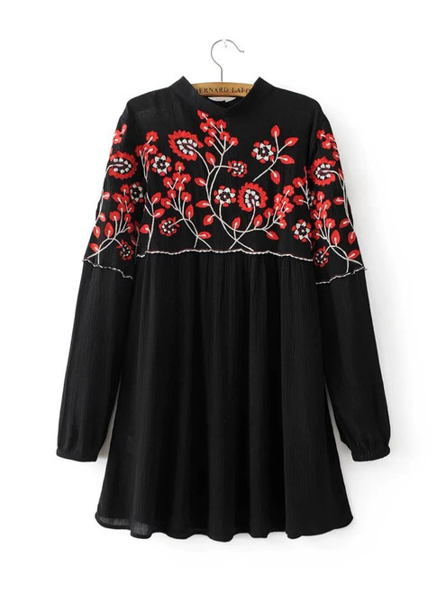 Vintage Floral Embroidery Dress Stand Collar Long Sleeve Women Mini Pleated Chiffon Dresses Black