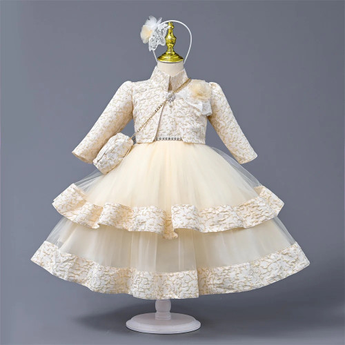 Dresses Kids Gown 4pcs Set Pearls Appliques Long Sleeve Children Party Girls Clothes 2 To 8 Years With Coat