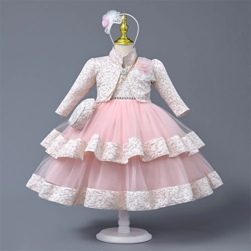 Dresses Kids Gown 4pcs Set Pearls Appliques Long Sleeve Children Party Girls Clothes 2 To 8 Years With Coat