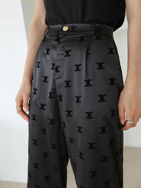 Women Casual Geometric Print High Waist Summer Luxury Loose Black Soft Full Length Trousers