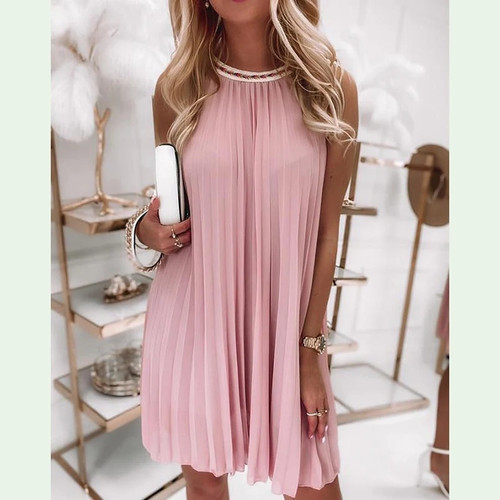 Retro Halter Sleeveless Pleated Dress Casual Summer Women Loose Party Beach Dress Fashion Soild Resort Mini Dress