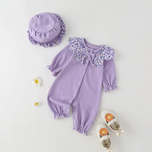 Spring Fall Baby Girl Romper Sweet Purple Daisy Doll Collar Single Breasted Long Sleeve Baby Rompers+hat Baby Clothes 0-18M