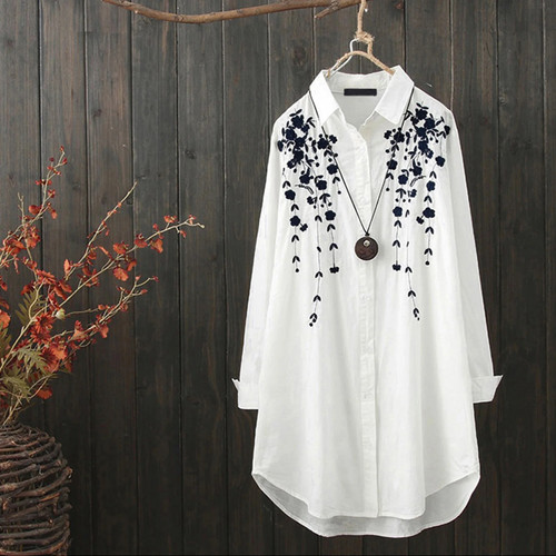 Floral Spring Tunic Linen Woman Tshirts Tops Casual Long Sleeve Button Shirts Graphic Tees Women