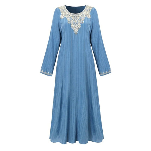 Autumn Dress Women Retro Embroidery Pure Long-Sleeved Gown Party Prom Long