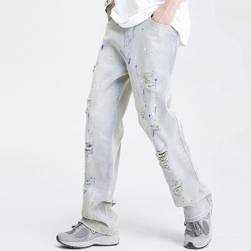 Vintage Ripped Tide Brand Classic Spray Paint Straight Loose Jeans for Men