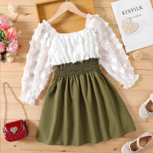 Kid Girl Dresses Floral Design Smocked Splice Square Neck Mesh Long-sleeve Dress