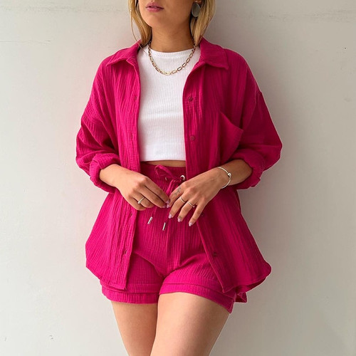 Magenta Two Piece Set Summer Women'S Long Sleeve Short Sets Button Outfits Suit Solid Color Pleated Shirt Casual Set