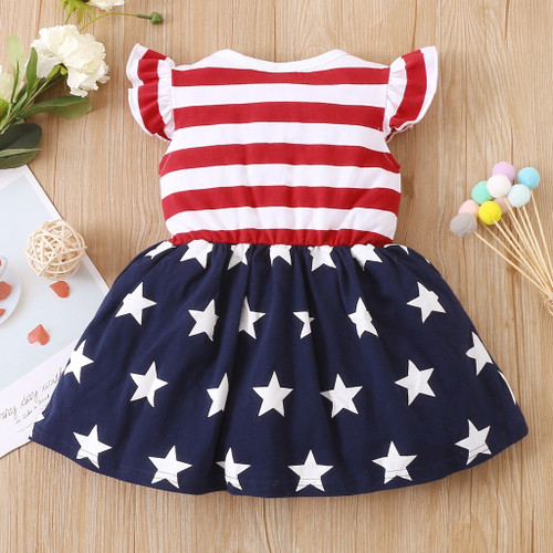 1-5 Years Kids Toddler Baby Girl Summer Dress Striped Stars Fly Sleeve Casual Clothing Celebrating Lndependence Day Skirt