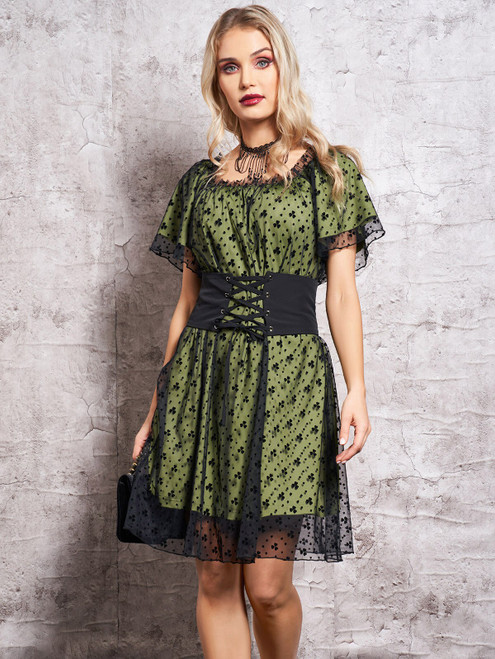 Women Floral Pattern Mesh Overlay Mini Dress For Party Wedding Ruffles Short Sleeve Lace-up Belt