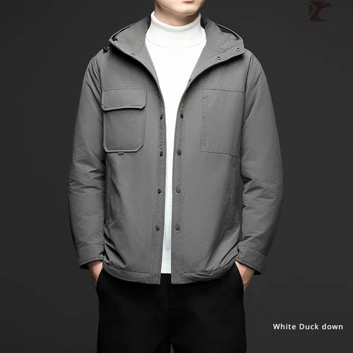 Men's Winter Down Coat Warm Hooded Jacket Casual Business White Duck Parka Coats