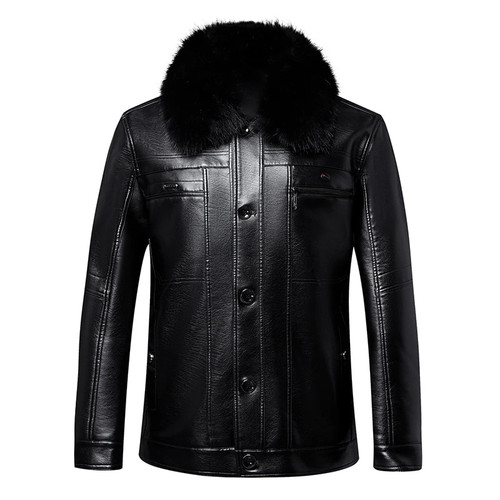 Winter Outerwear Men Fashion Leather Coat Jacket PU Faur Jacket Long-sleeve Fur Collar Business Motor PU Leather Jacket