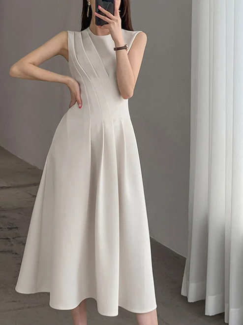 Elegant Dress for Women Sleeveless Streetwear French Styls Dresses Solid Folds Midi Tank O Neck 2023 New Spring Summer Dress 