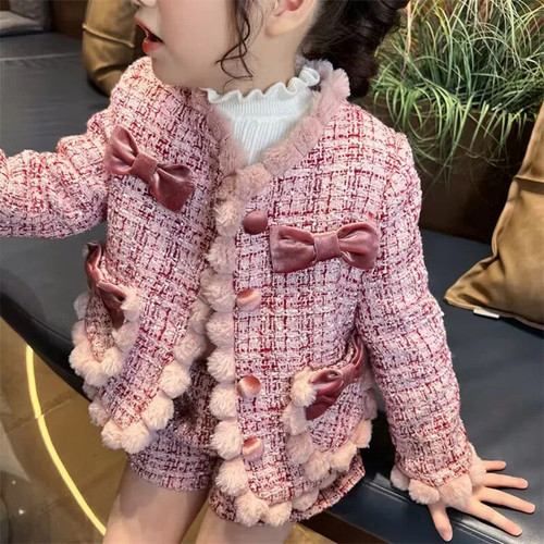 Adorable Pompom Design Baby Girls Tweed Coat and Shorts Soft Warm Autumn Winter Kids Clothing Set Teens Outfits for 2-7Years