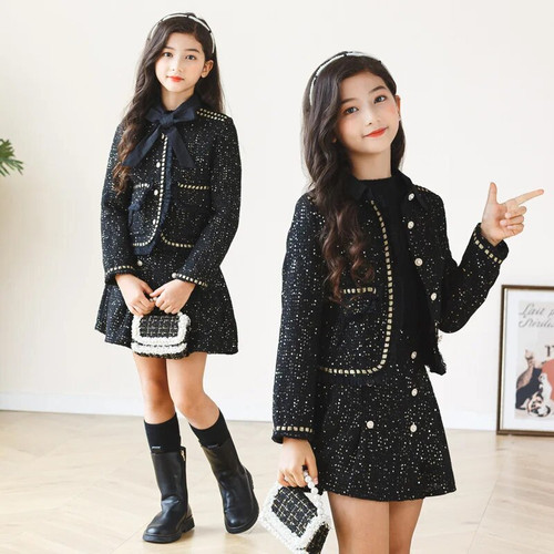 Girls Princess Dress Kids Little Fragrant Coat Half Length Skirt Two Piece Teenager Show Party Dress  Child Sequins Dress 6-16 Y