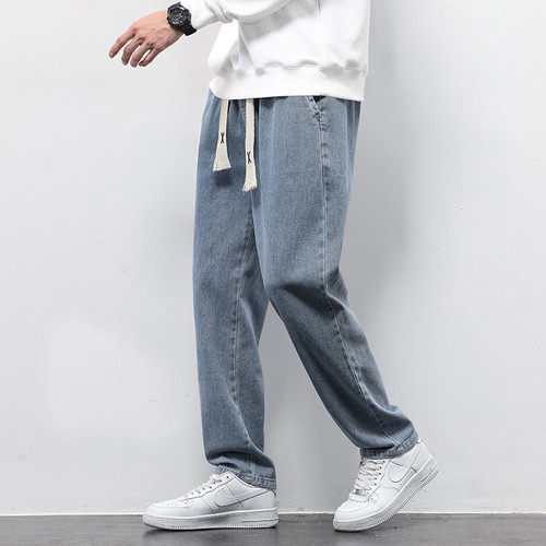 Summer Loose Wide Leg Jeans Pants Men Drawstring Elasticated Straight Trousers