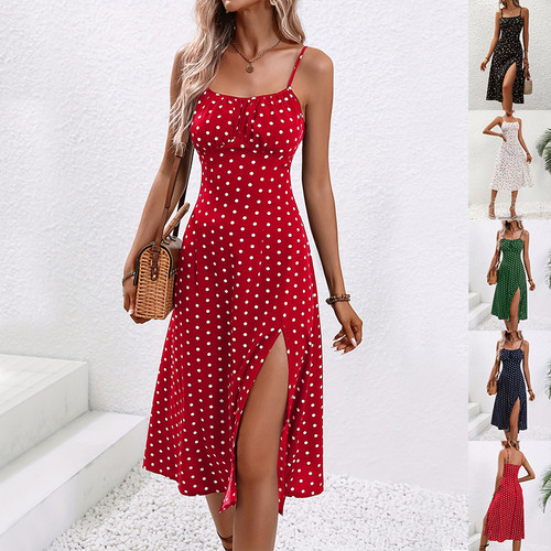 New Polka Dot Print Suspender Summer Sexy Slit Long Dresses For Womens Clothing