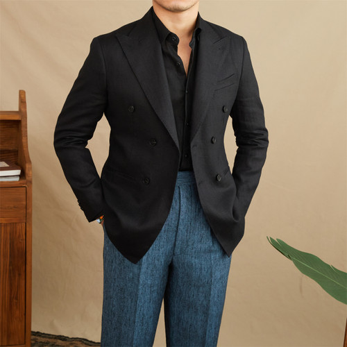Linen Light Double Breasted Slim Fit Suit Breathable Jacket