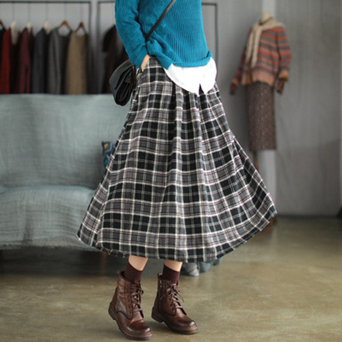 Ancient Coffee Clothing Artistic Brushed Plaid Skirt Retro Loose A- Line