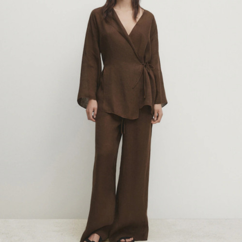 Women's Linen Kimono Cross Coat Straight-leg Pants Suit