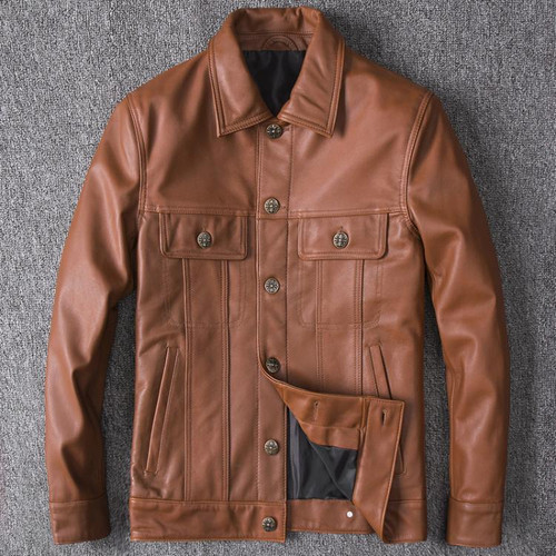 Top Layer Leather Single-Breasted Men's Lapel Jacket Leather Jacket