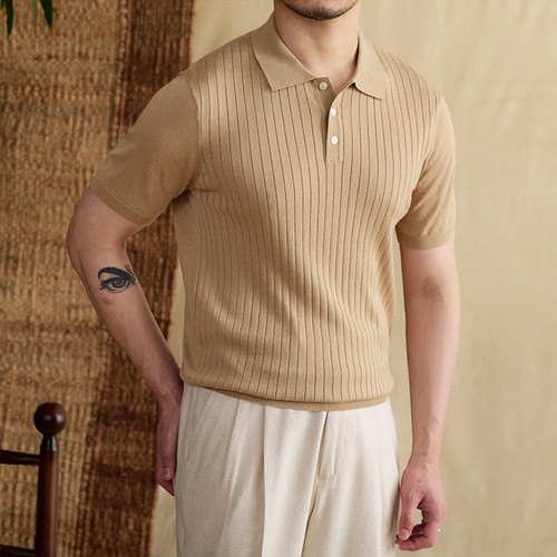 Slim Fit Sunken Stripe Polo Shirt Tencel Cotton Knit Breathable T-shirt