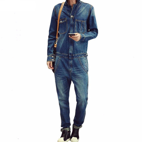 Men's full sleeve denim overalls Casual long length jeans Jumpsuits Blue jeans