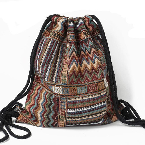 Women Fabric Backpack Female Gypsy Bohemian Boho Chic Aztec Ibiza Tribal Ethnic Ibiza Brown Drawstring Rucksack Bags