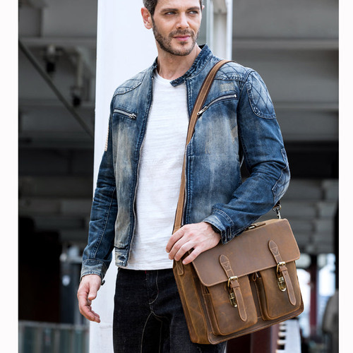 Men Briefcase Genuine Leather Bags Crazy Horse Handbags Office Bags for Mens Messenger Bag Men Leather Laptop Bag Briefcases