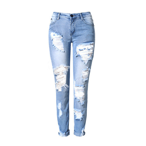 High Quality Cotton Skinny Ripped Jeans for Women Pencil Pants Casual Trousers For Ladies Blue Mid Waist Denim Pencil Jeans