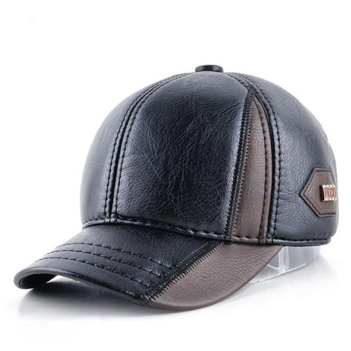 Mens winter leather cap warm patchwork dad hat baseball caps with ear flaps adjustable snapback hats for men