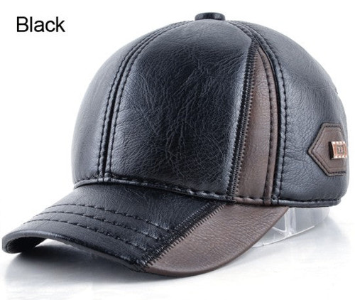 Mens winter leather cap warm patchwork dad hat baseball caps with ear flaps adjustable snapback hats for men