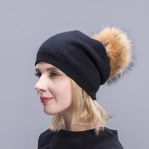 Cashmere Hats For Women Pompom Beanies Fur Hat Female Warm Caps With Real Raccoon Fur Pompom Bobble  Hat Adult