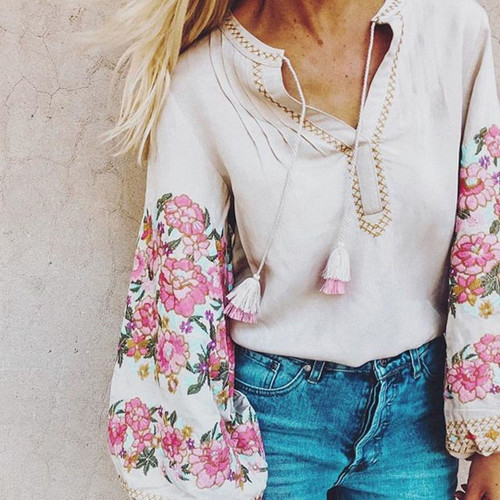 Boho Floral Embroidered Blouse 3/4 sleeve V-neck tassel Hippie Chic Women Shirt Top Casual Beach Blusa Blouses