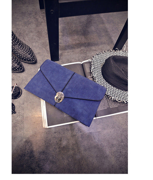 European Vintage Women Day Clutch Bag Faux Suede Leather Handbag Ladies Envelope Hand Bag Long Shoulder Strap Gray Blue