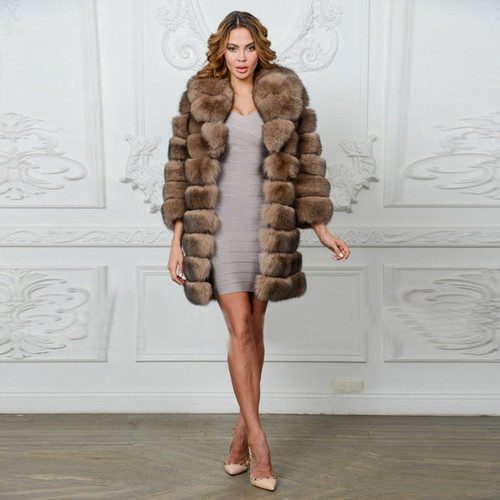 Women's Winter Real Fox Fur Striped Sable Color Fashion Coats Natural Real Fox Fur Big Collar Fur Coat