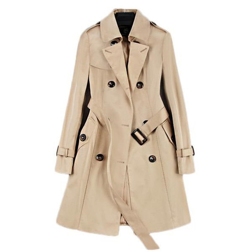 Double Breasted Mid-long Trench Coat Women Khaki Slim Belt Cloak Windbreaker Female