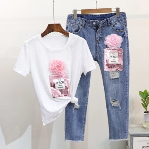 Women Sequins Bottle T-shirts Denim Pants Sets Loose Tshirt+Calf-Length Trousers 2PCS Suits for Female Woman