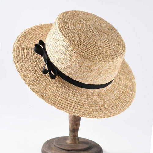 Classical Beach Hat Ribbon Bowknot Boater Hat Wide Brim Summer Sun Hats for Women Ladies Wheat Straw Cap Kentucky Derby Hat