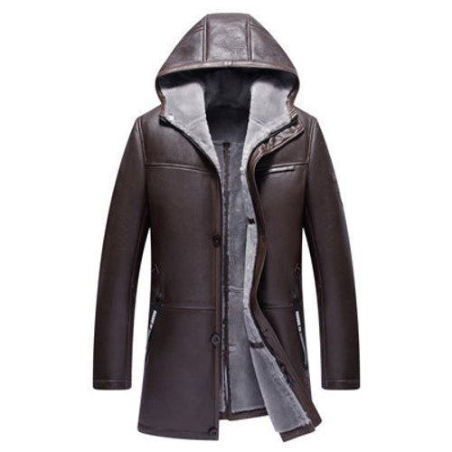 Men's Fur Coat  Menfolk  Shearling Jacket Hooded Coat Genuine Sheepskin Leather Long Outerwear