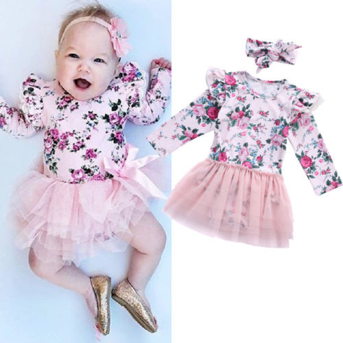 Lovely Newborn baby girl clothes Pink Lace Flower Long Sleeve Bodysuit+Headband 0-24M